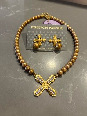 French Kande 24K Gold Clad and Mocha Freshwater Pearl Necklace and Earring Set